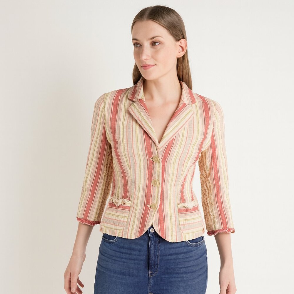 Cabi Pink Yellow Striped Ruffle Blazer Jacket Size 6 Preppy Boho Spring Chic